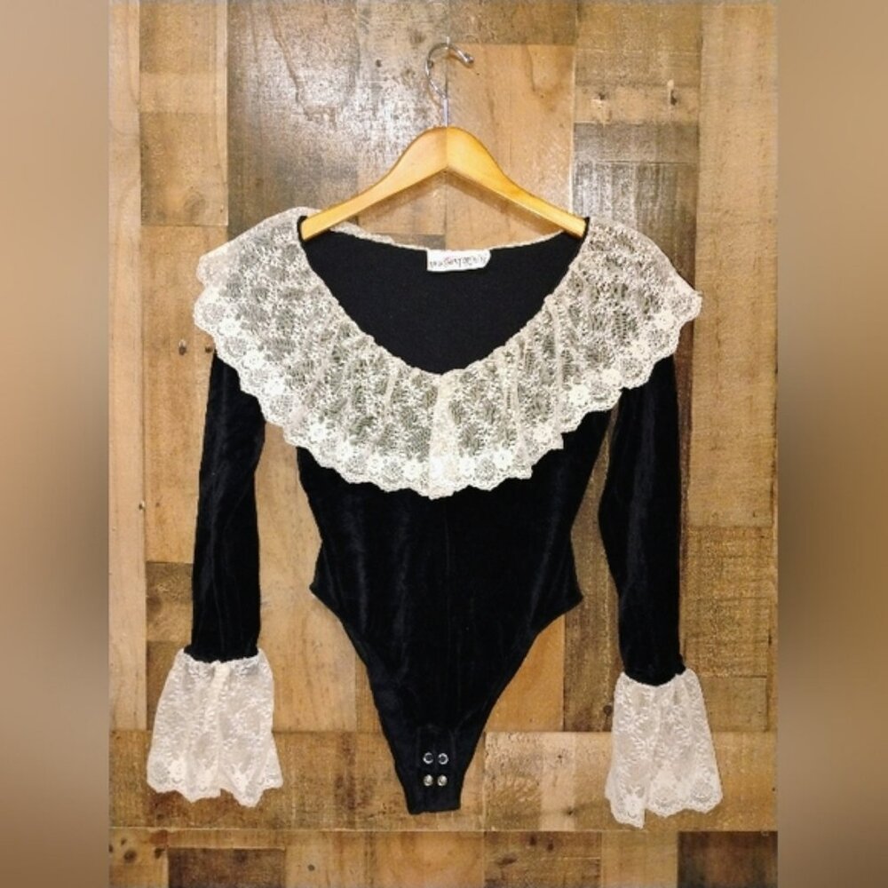 Necessary Objects vintage 80s Victorian Lace Velvet Bodysuit medium?